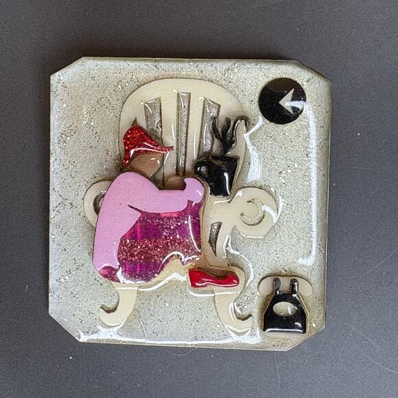 Designs by Lucinda Pin Brooch Lady in Chair Drinking Coffee 1.75" - Picture 1 of 3